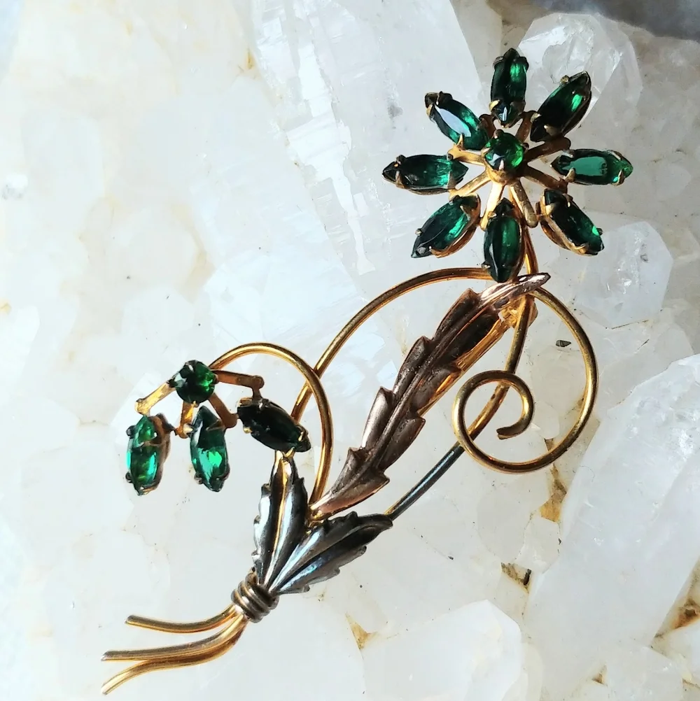 Vintage 1930s I. Michelson 12K GF Green Glass Stone Flower Pin Brooch